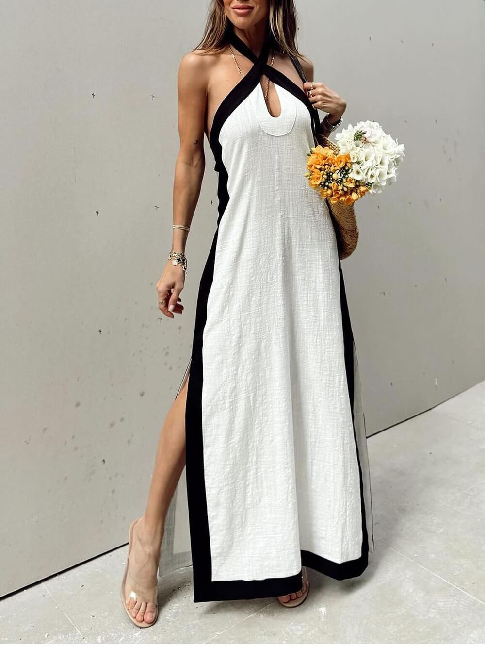 Halterneck Maxi Dress Slit Color Block Halter
