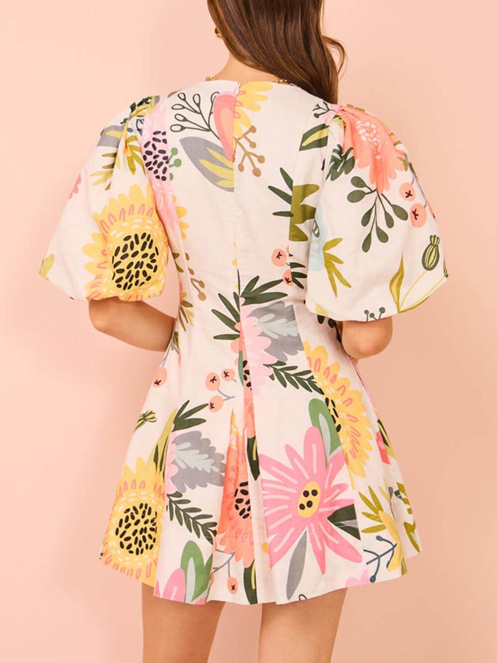 Floral Bubble-Sleeve Mini Dress with Pockets