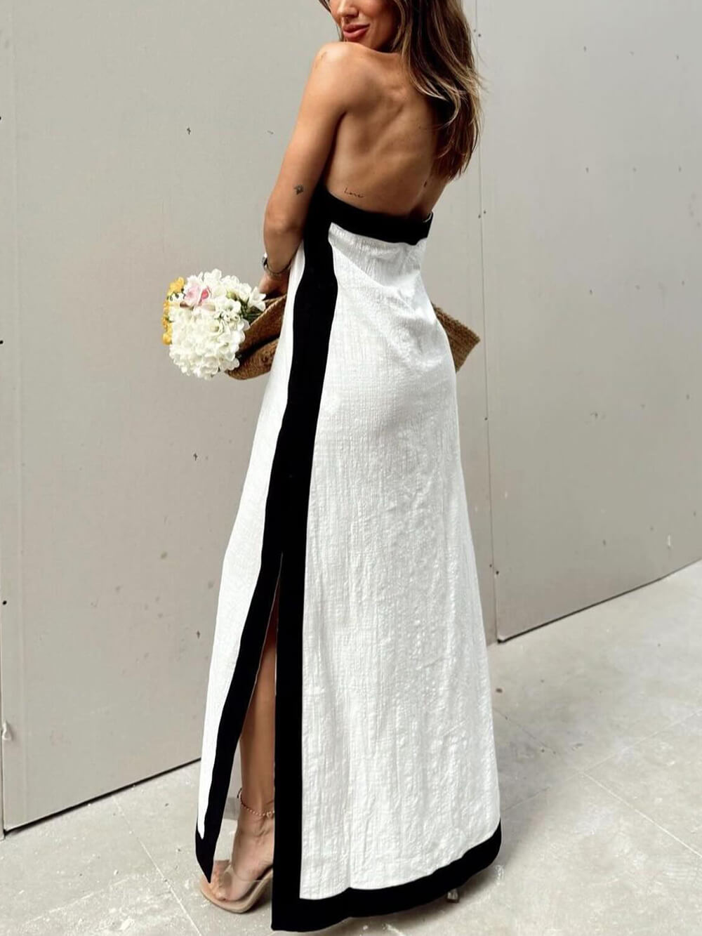 Halterneck Maxi Dress Slit Color Block Halter