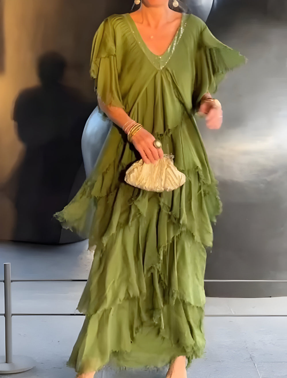 Pleated V-Neck Maxi