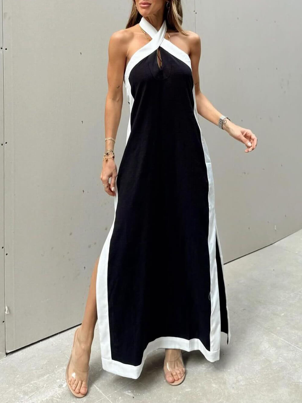 Halterneck Maxi Dress Slit Color Block Halter