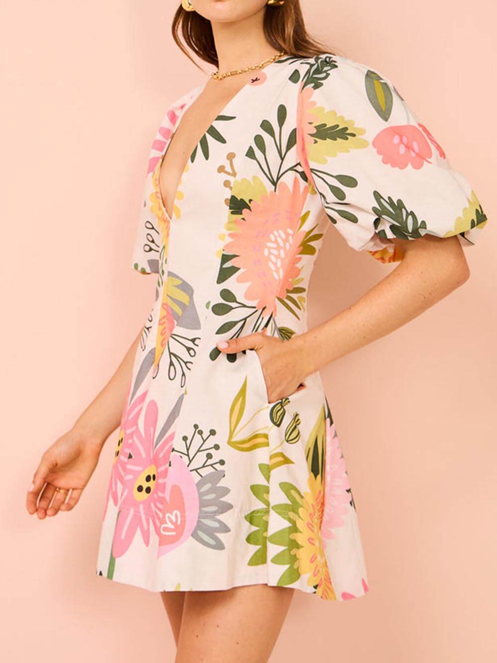 Floral Bubble-Sleeve Mini Dress with Pockets