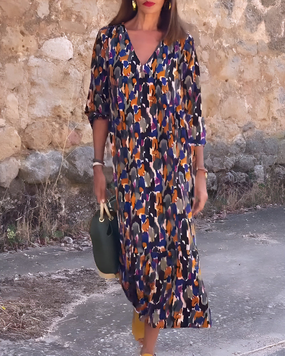 Nathalie Retro Print V-Neck Dress