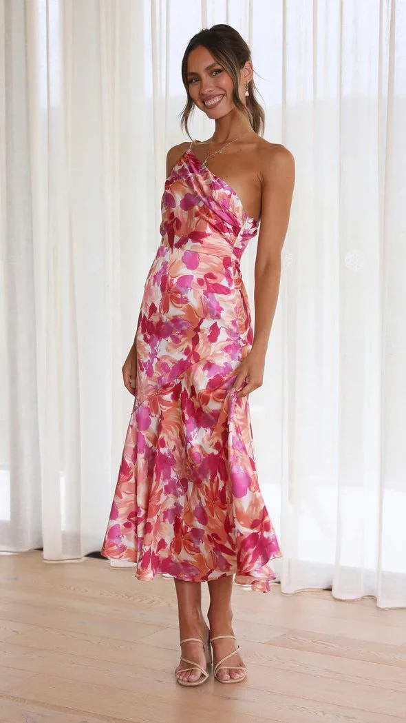 Asymmetric Floral Satin Ruched Dress