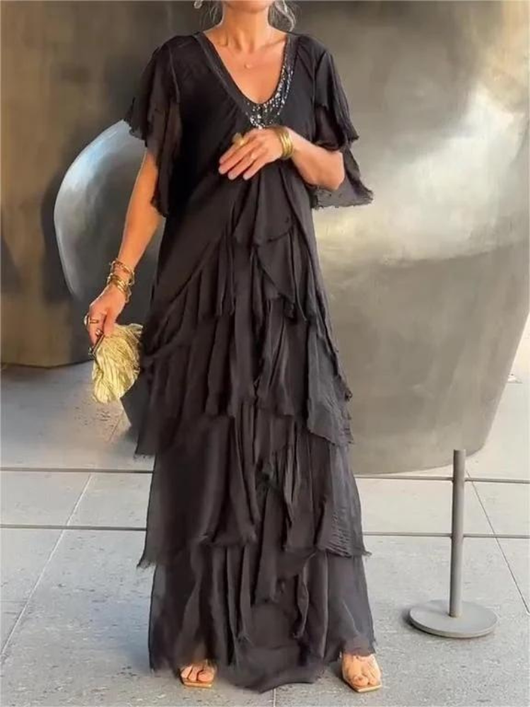 Savane Flowing Long Sleeve V-Neck Dress