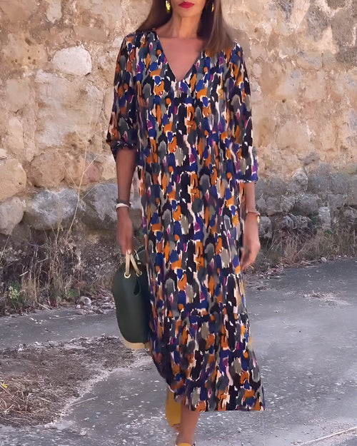 Nathalie V-Neck Retro Print Dress