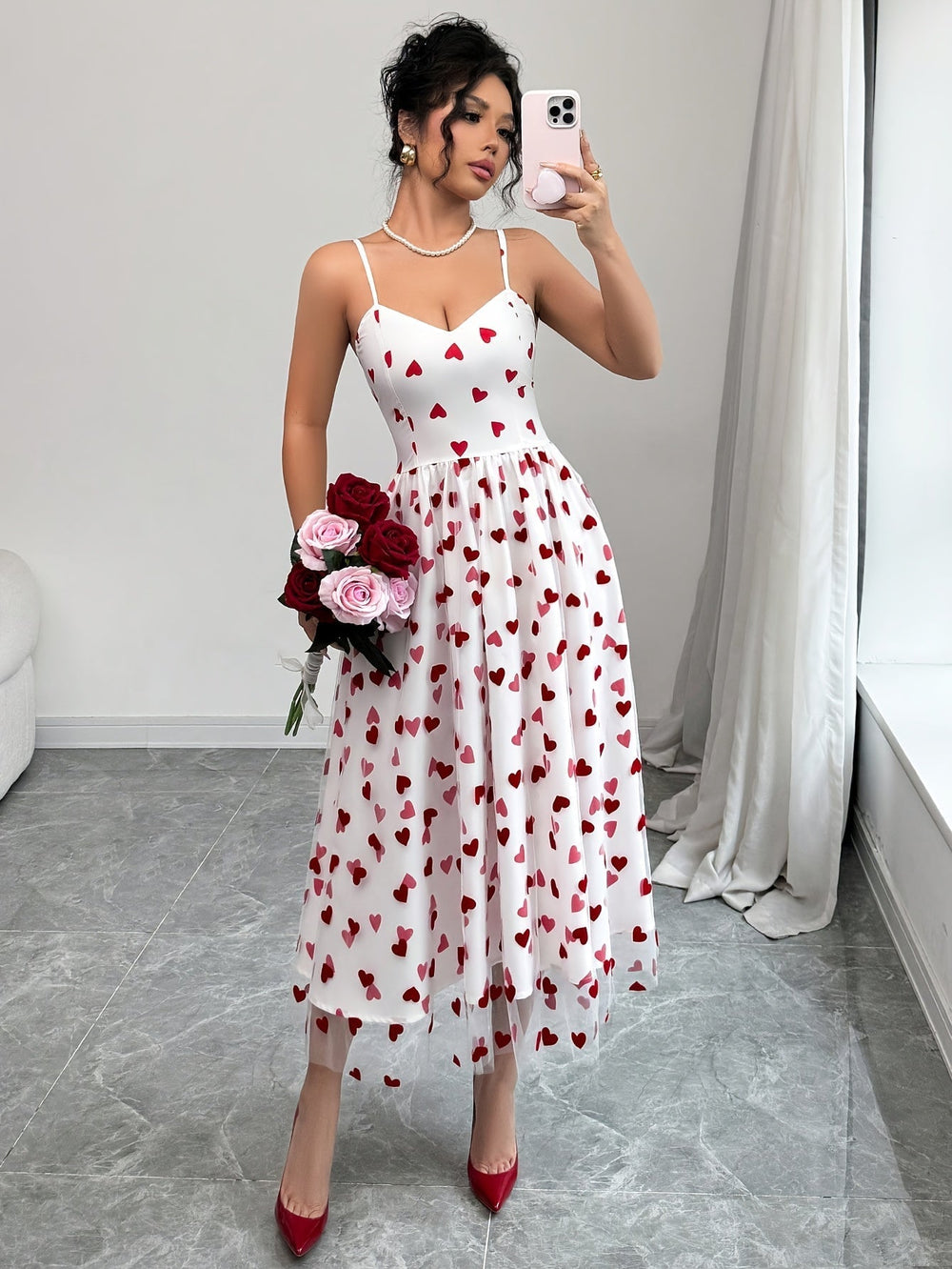 Amora Heart-Print Chiffon Slip Dress for Date Nights