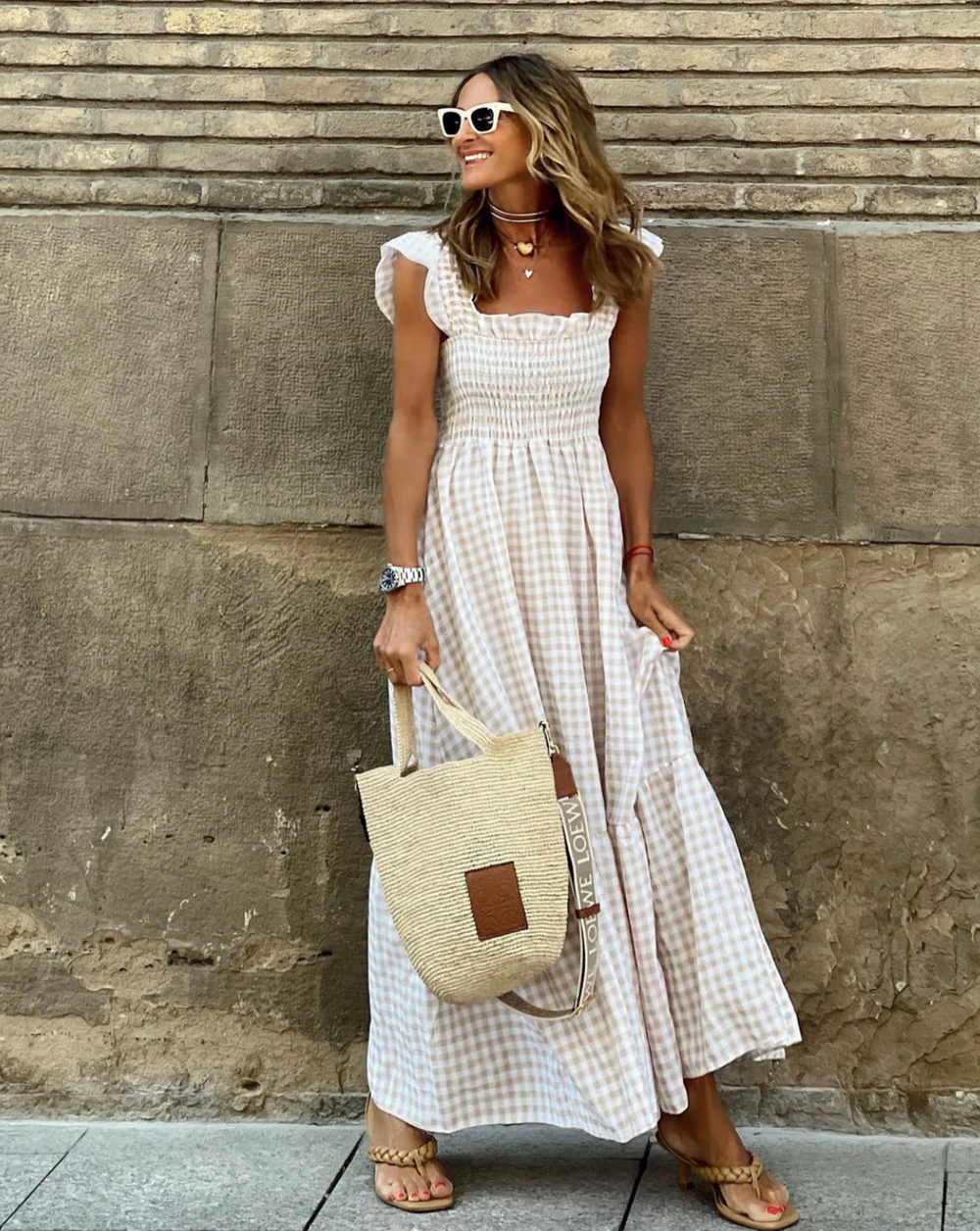 Flower Ruffle-Sleeve Maxi with Plaid Ruffles
