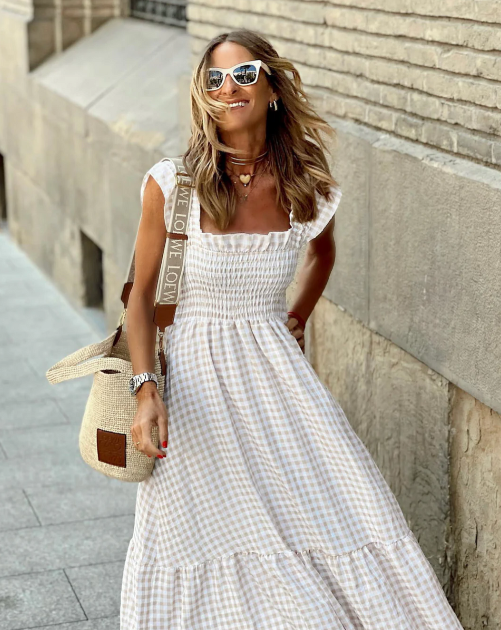 Flower Ruffle-Sleeve Maxi with Plaid Ruffles