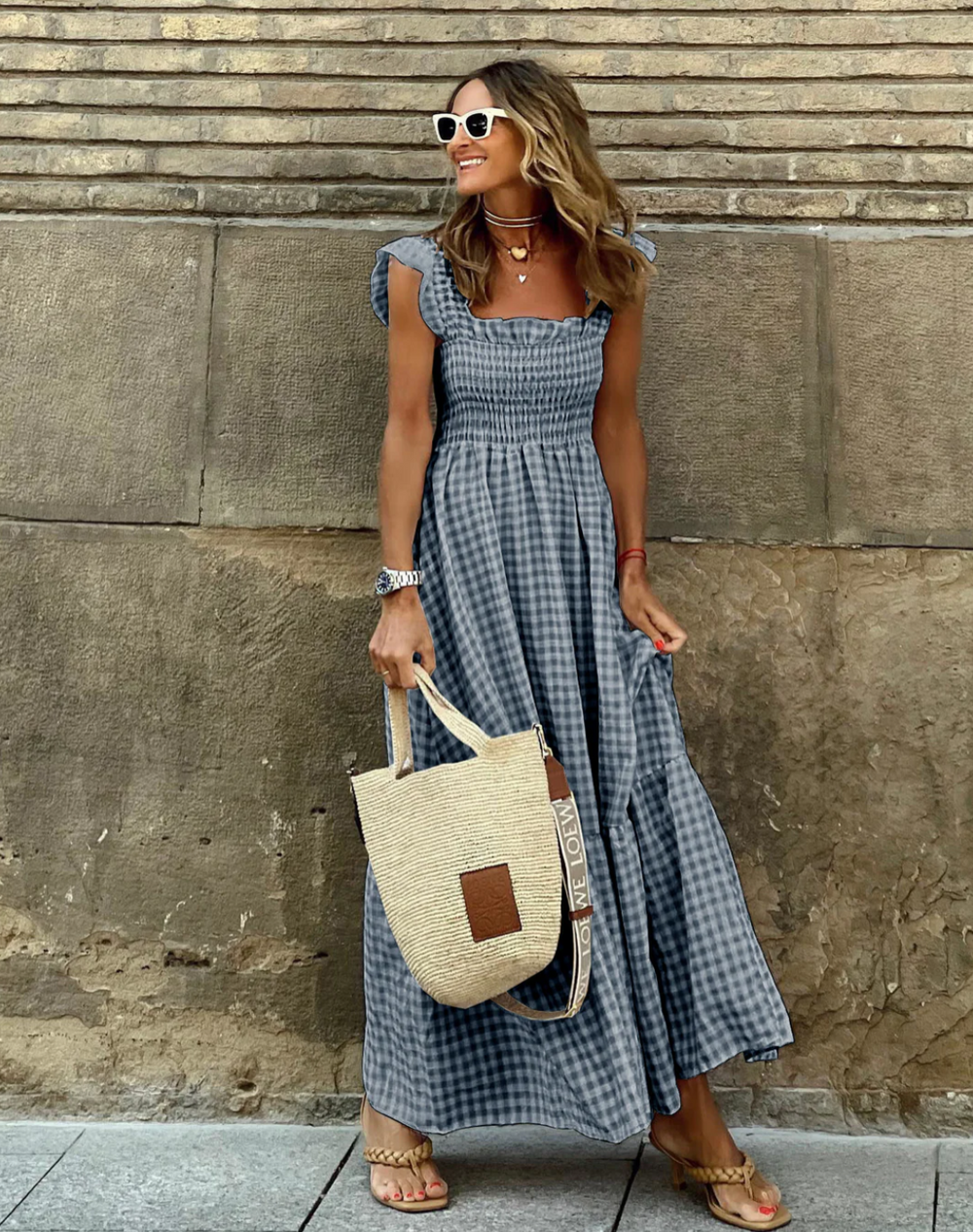 Flower Ruffle-Sleeve Maxi with Plaid Ruffles