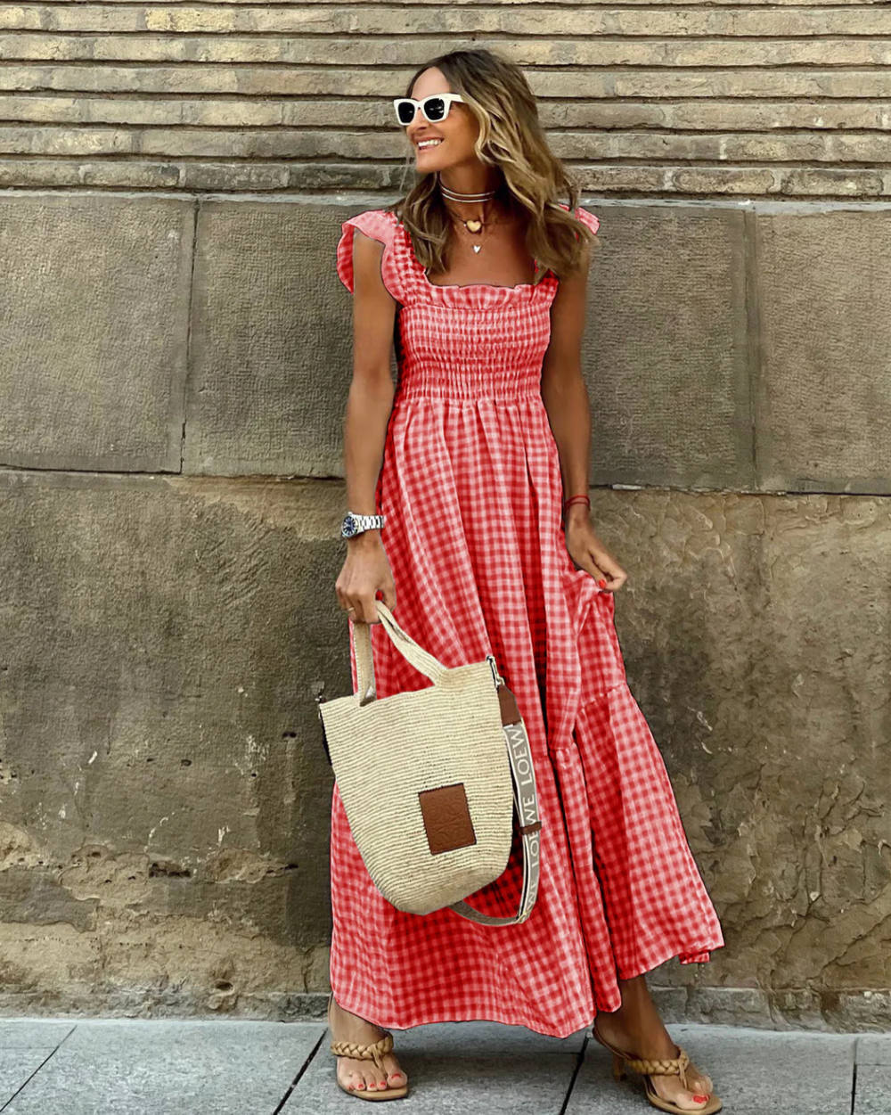 Flower Ruffle-Sleeve Maxi with Plaid Ruffles