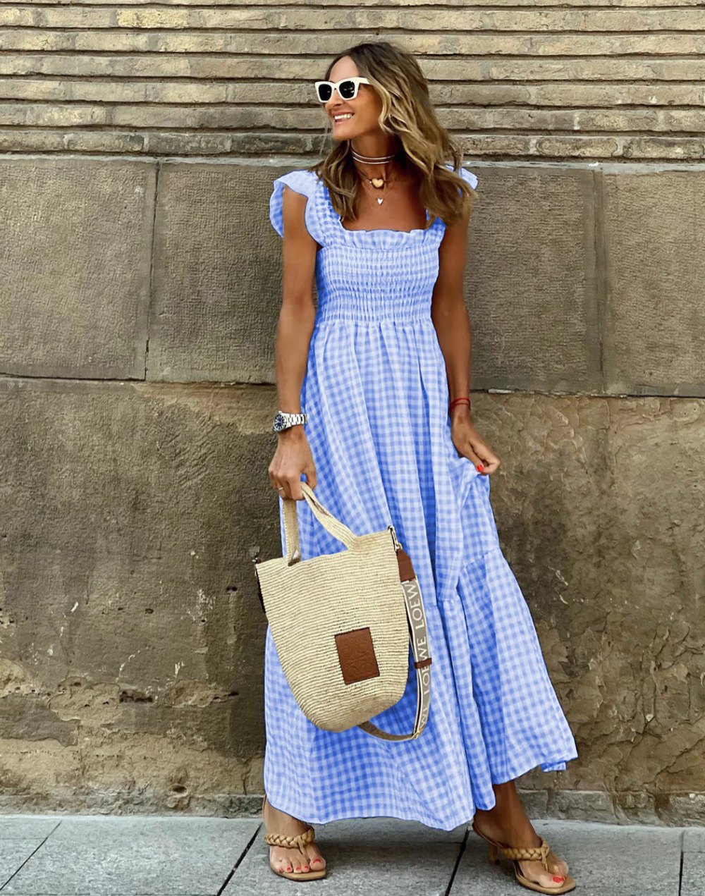 Flower Ruffle-Sleeve Maxi with Plaid Ruffles