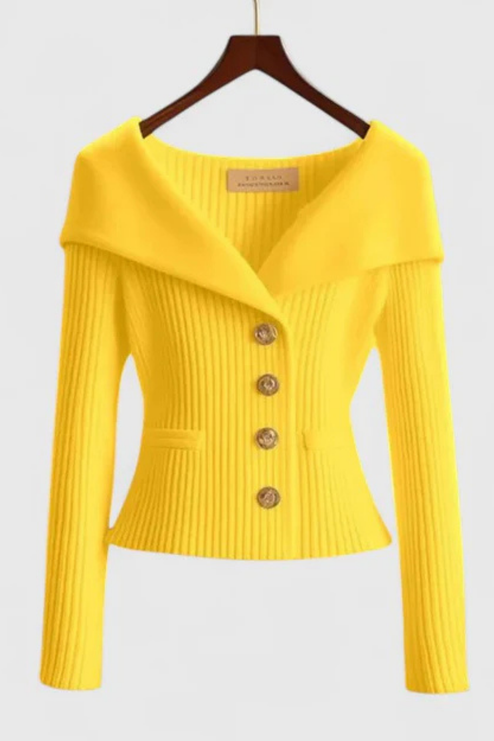 Elizah Off-Shoulder Knit Pullover with Gold Button Detail