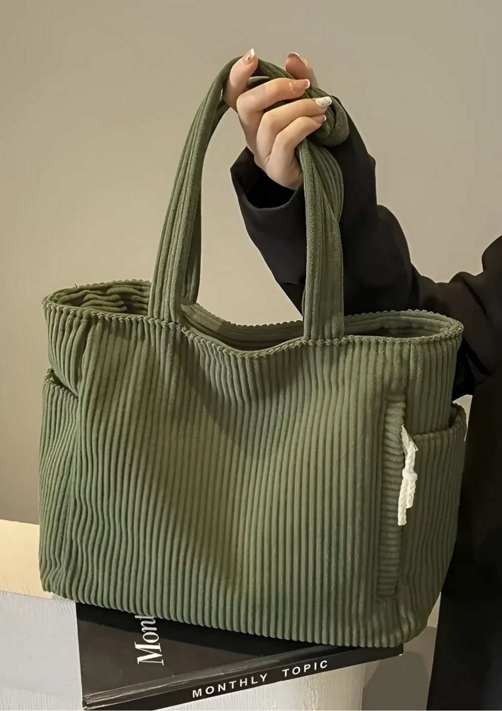 Elaria Structured Ribbed Rope-Accent Tote Bag - Green