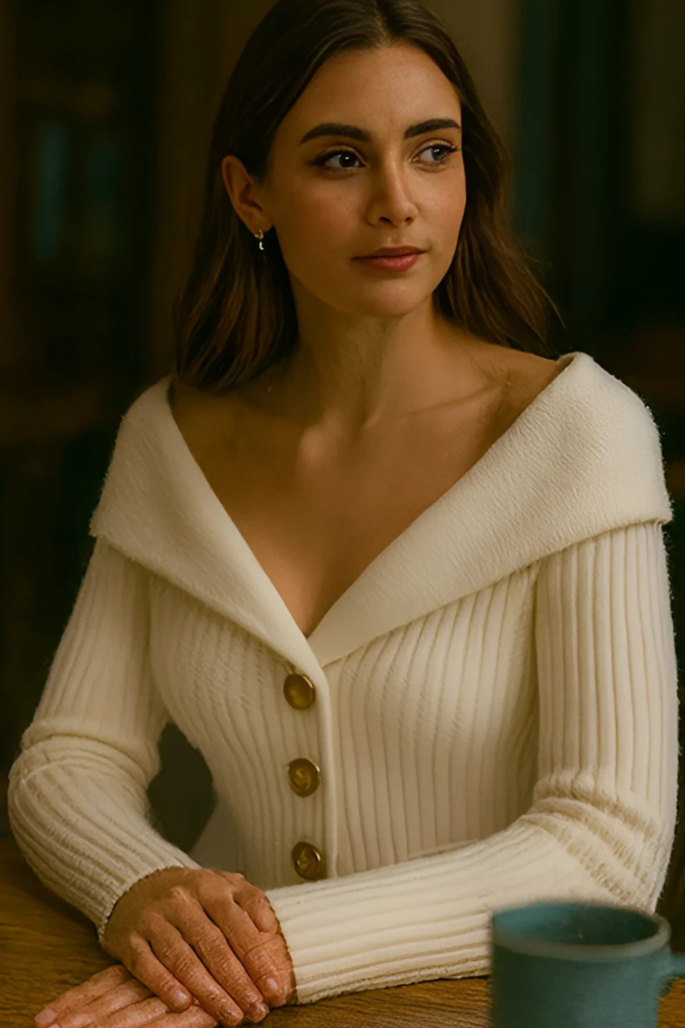 Elizah Off-Shoulder Knit Pullover with Gold Button Detail