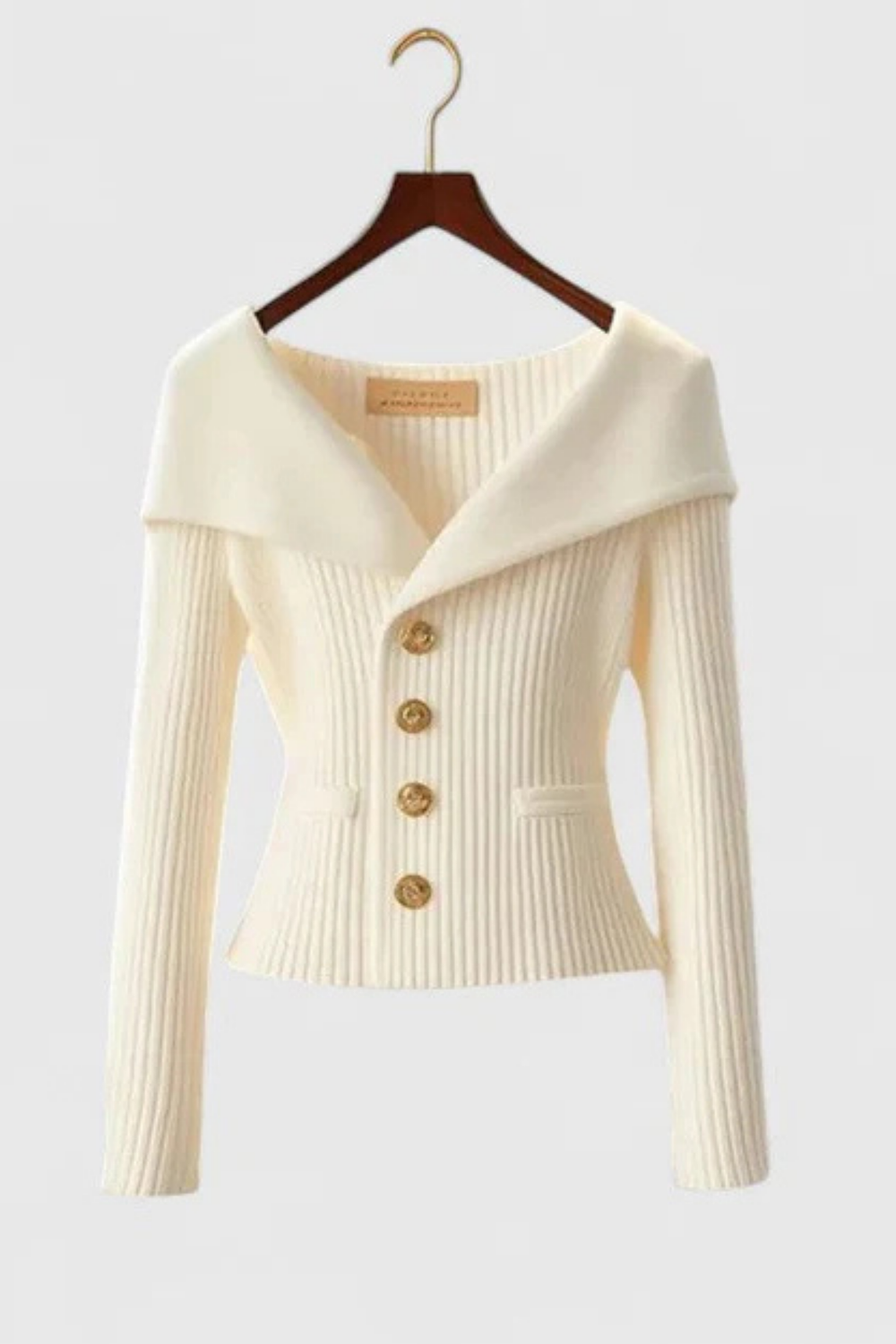 Elizah Off-Shoulder Knit Pullover with Gold Button Detail