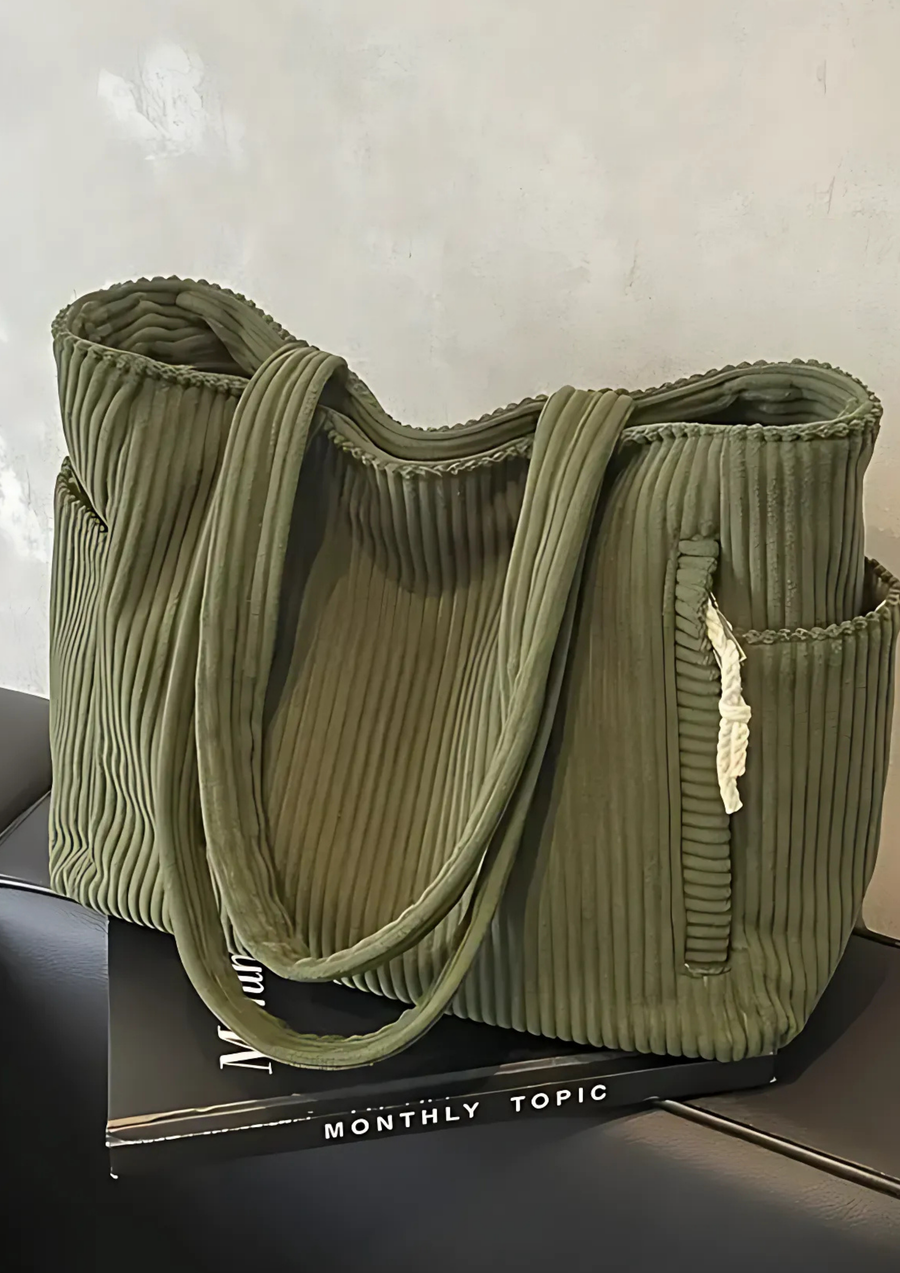Elaria Structured Ribbed Rope-Accent Tote Bag - Green