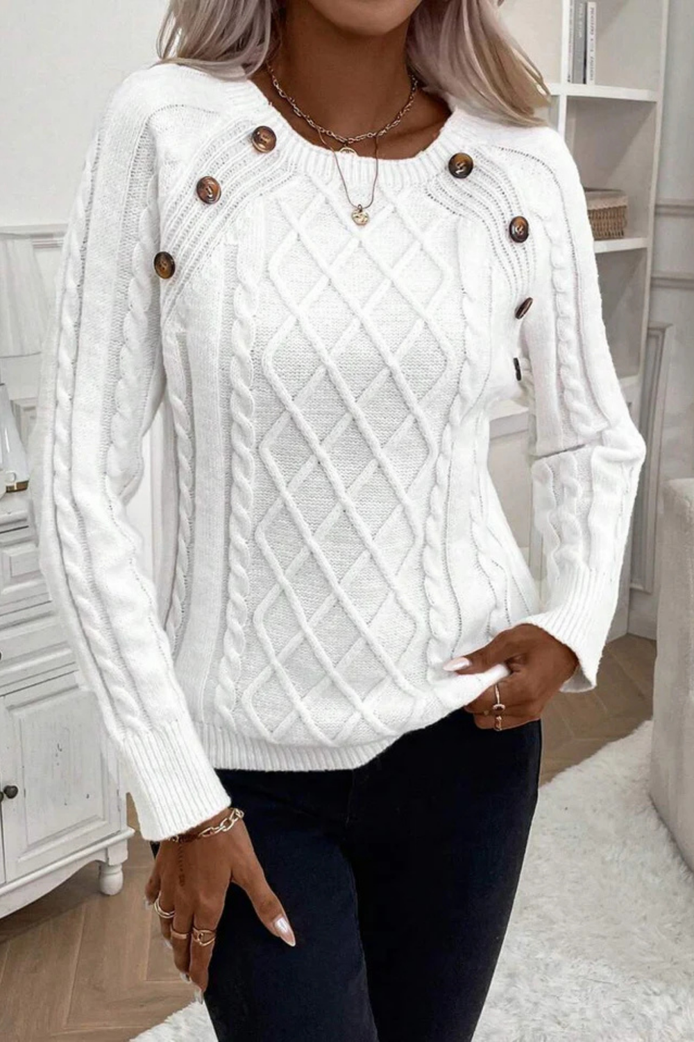 Cora Button-Detail Cable Knit Sweater