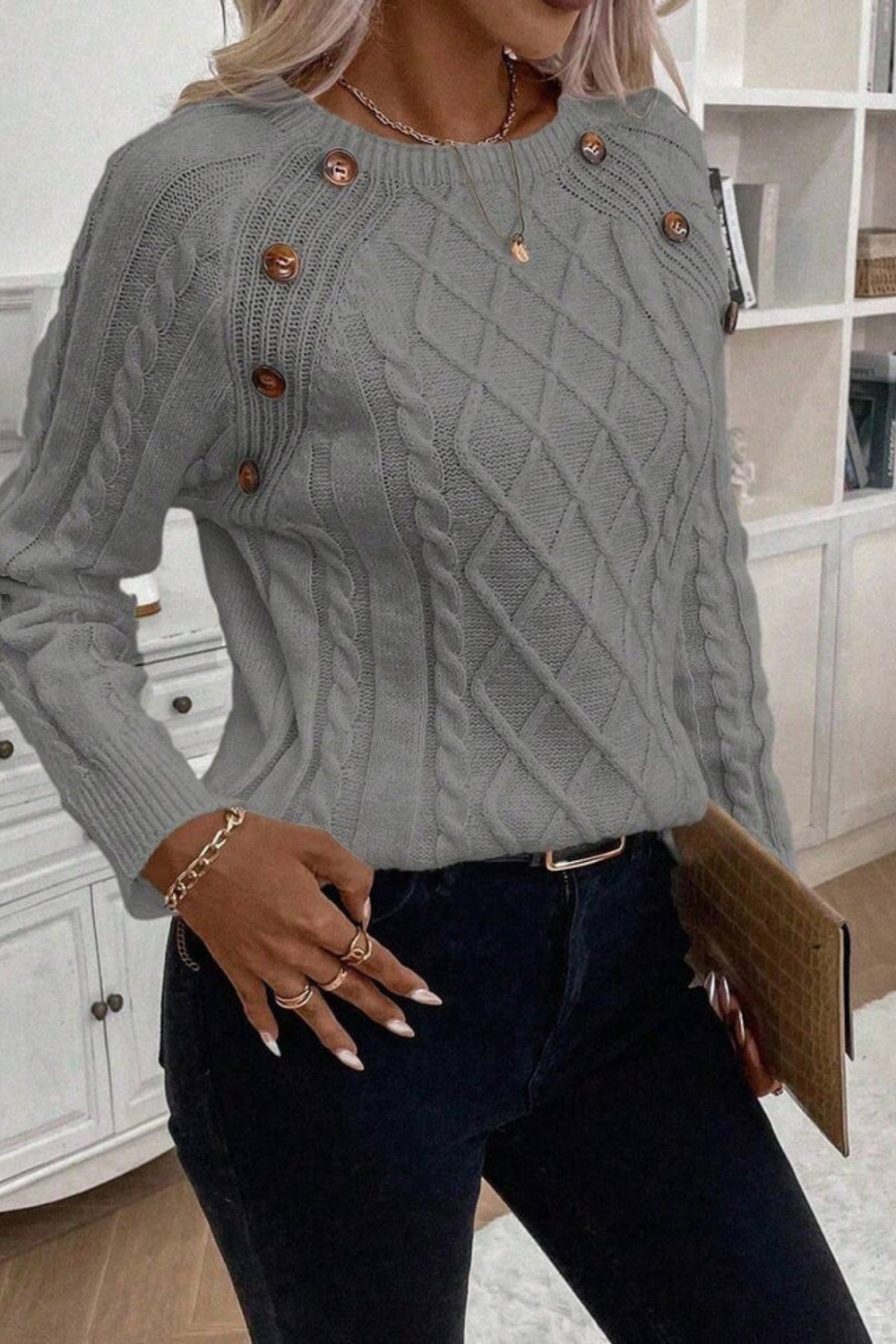 Cora Button-Detail Cable Knit Sweater