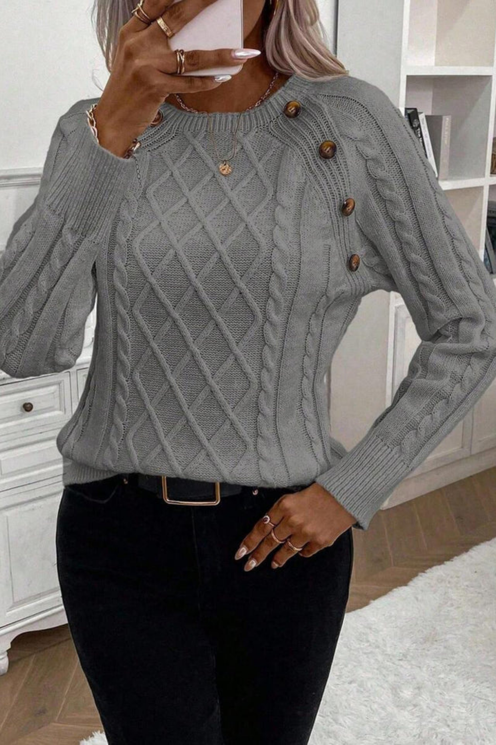 Cora Button-Detail Cable Knit Sweater