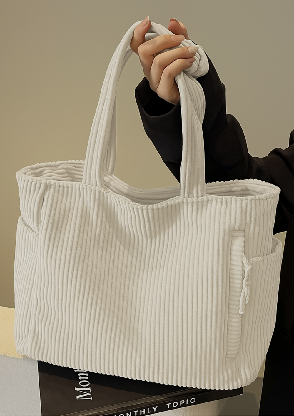 Elaria Structured Ribbed Rope-Accent Tote Bag - White
