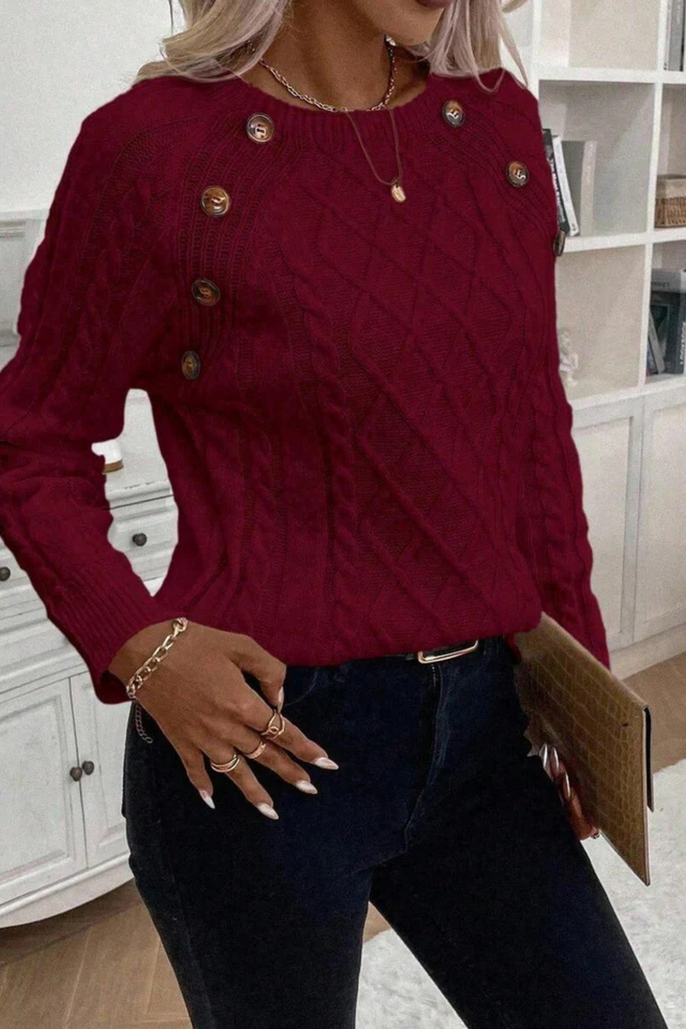 Cora Button-Detail Cable Knit Sweater