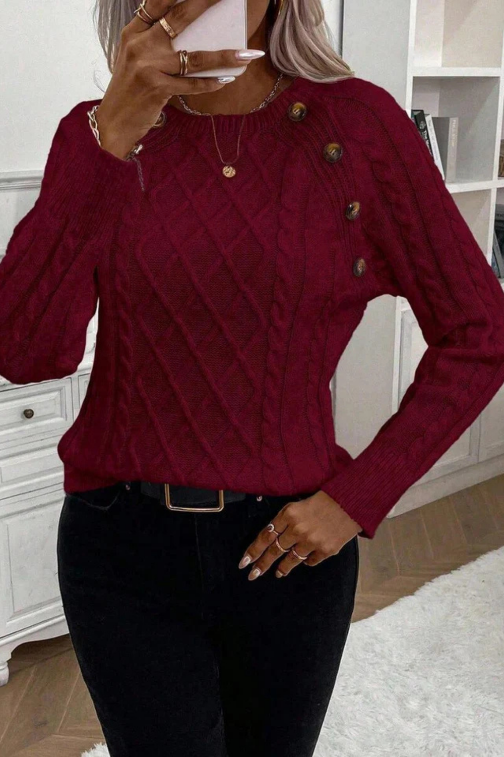 Cora Button-Detail Cable Knit Sweater