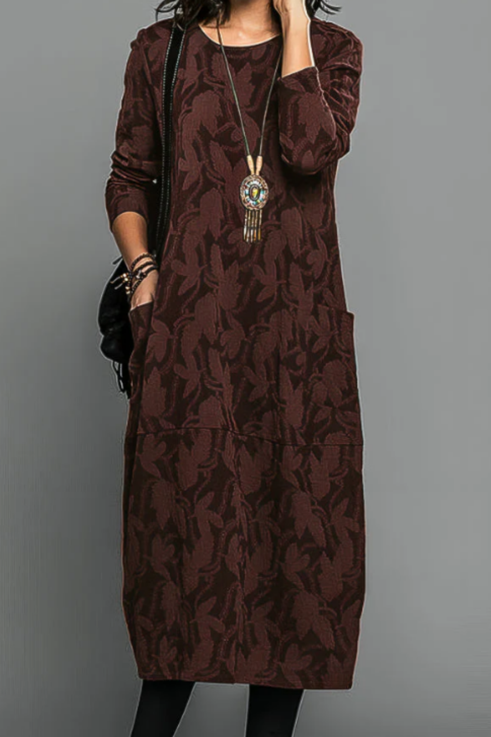 Kayla Bohemian Leaf-Print Maxi Dress in Red
