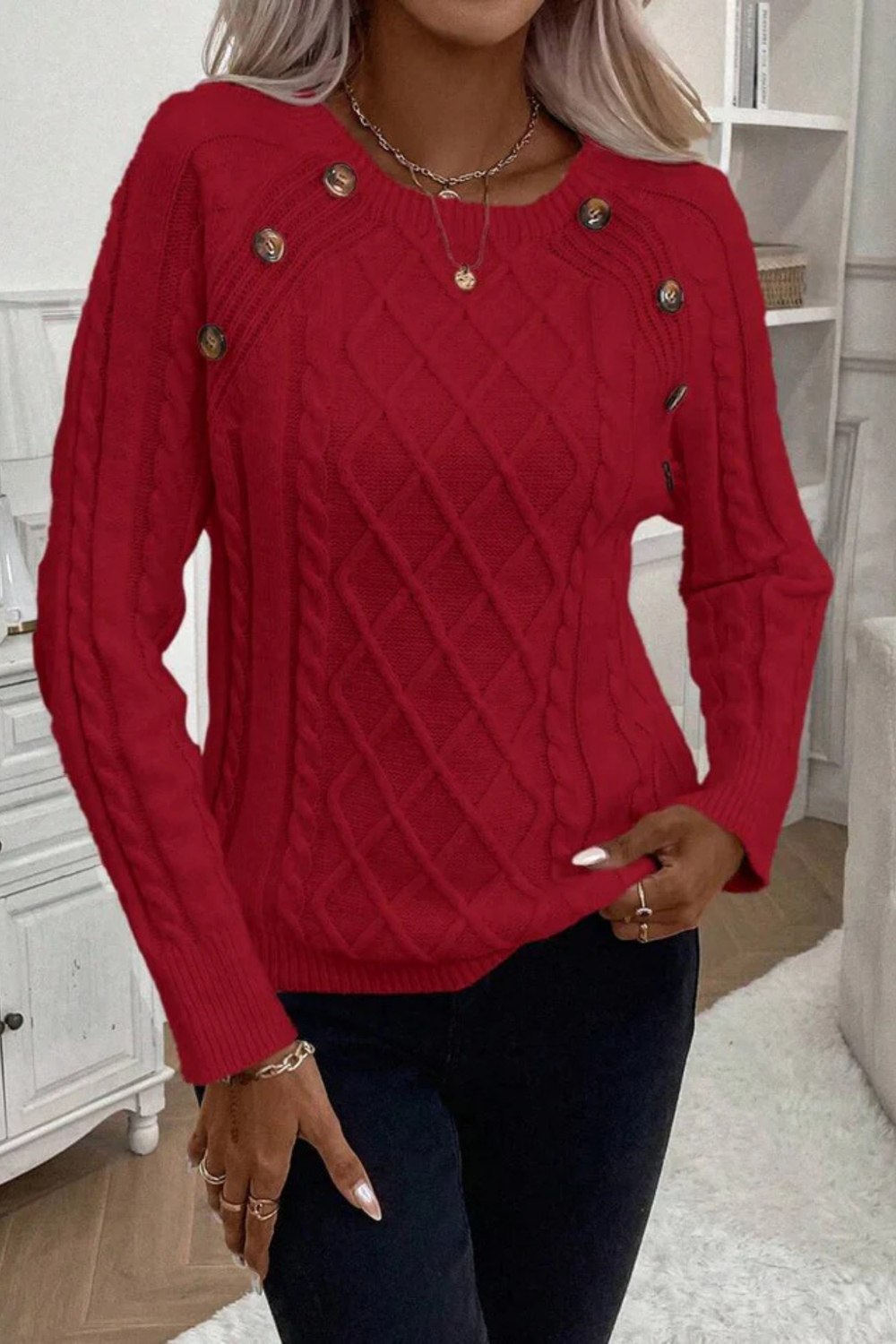 Cora Button-Detail Cable Knit Sweater
