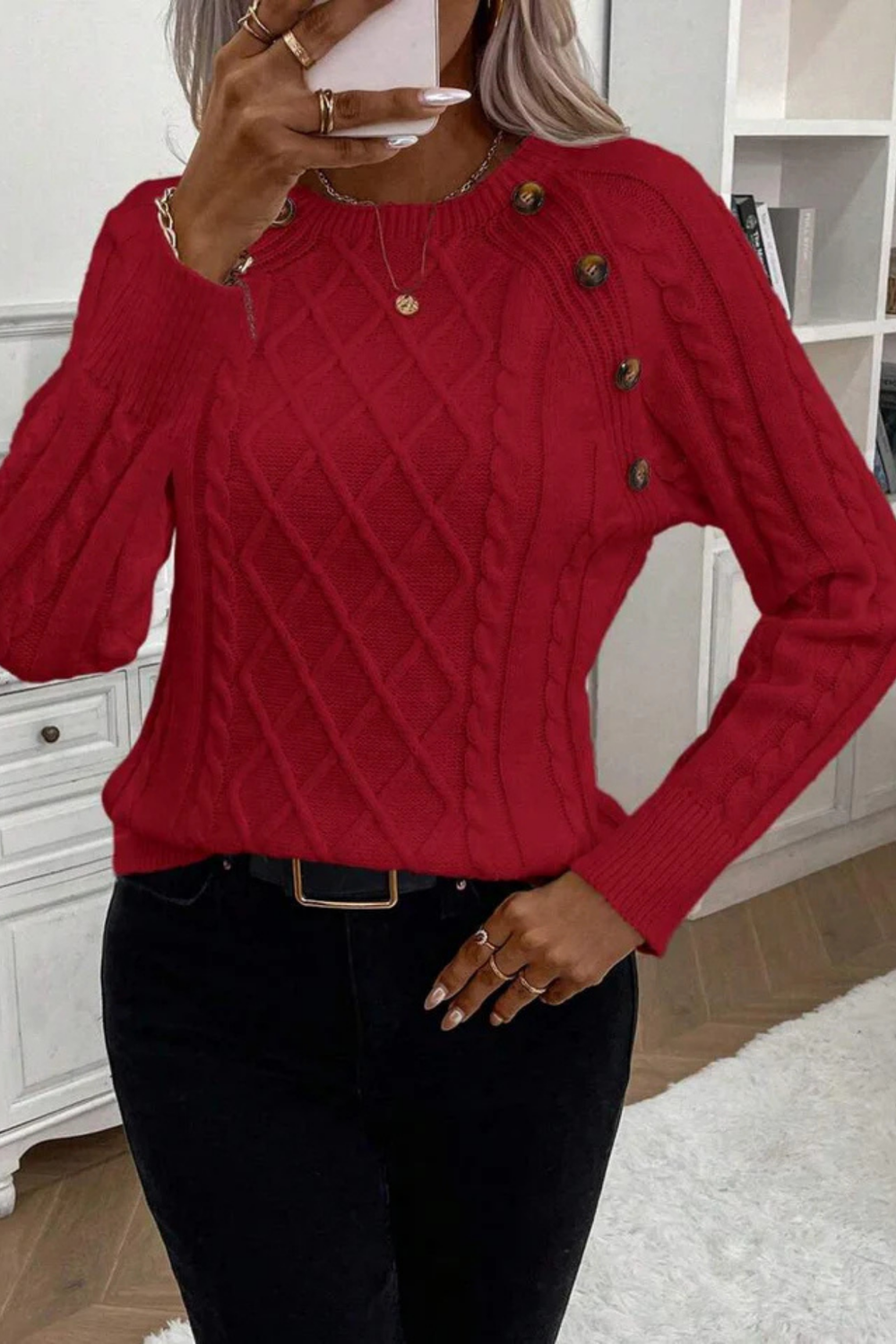 Cora Button-Detail Cable Knit Sweater