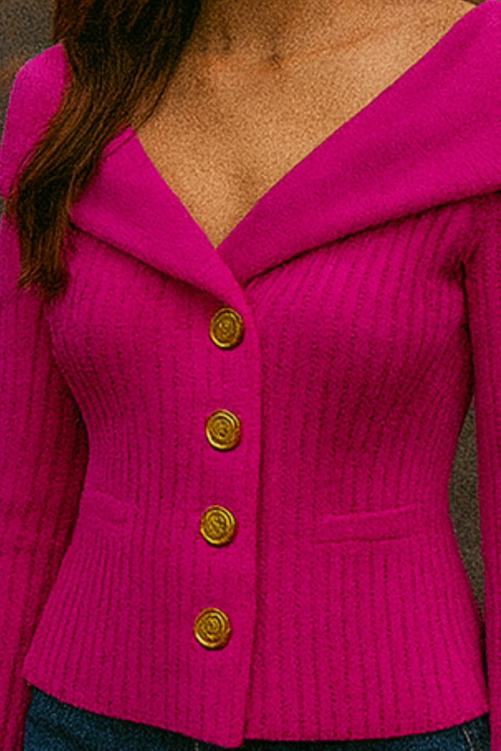 Elizah Off-Shoulder Knit Pullover with Gold Button Detail