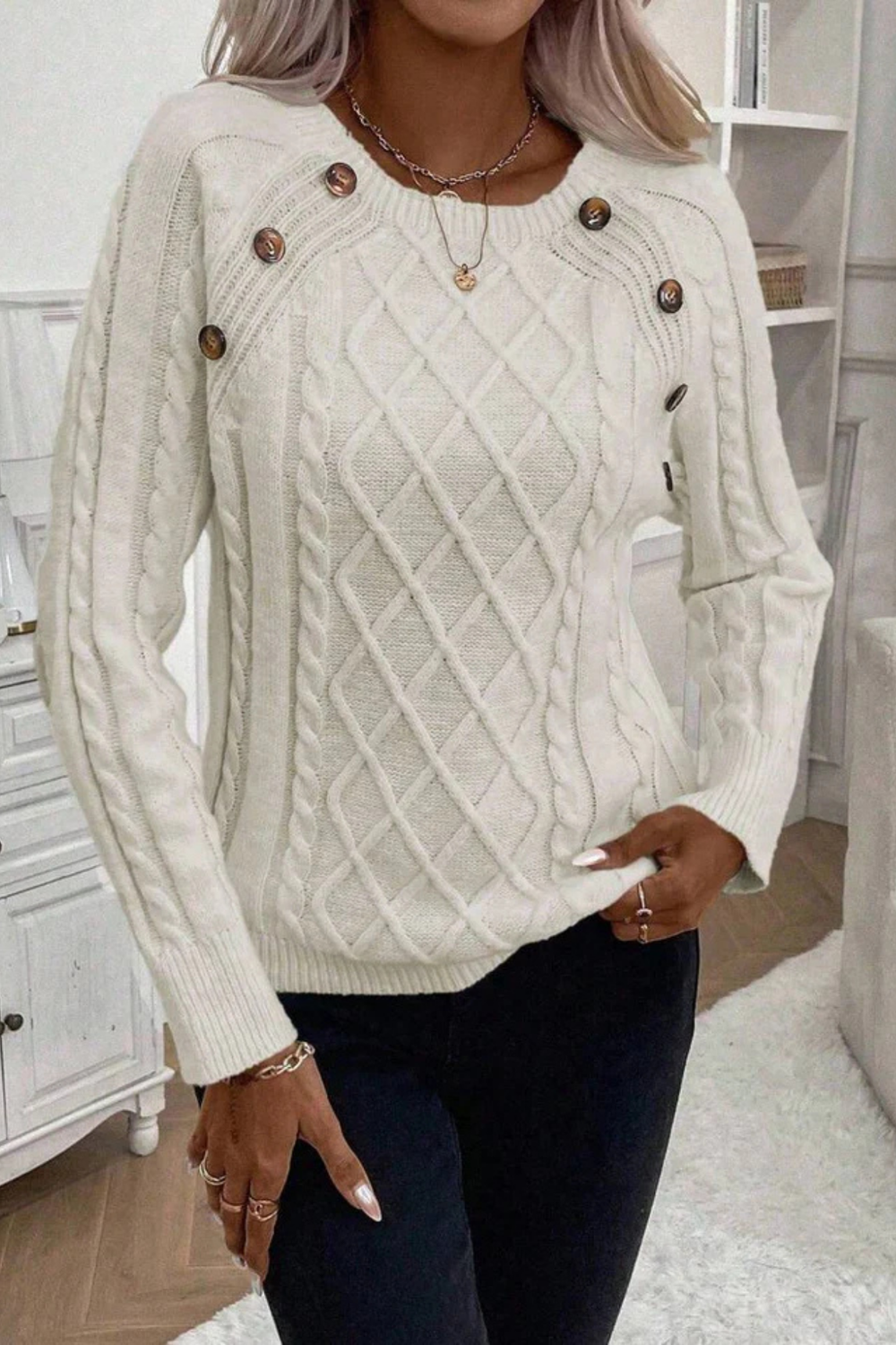 Cora Button-Detail Cable Knit Sweater
