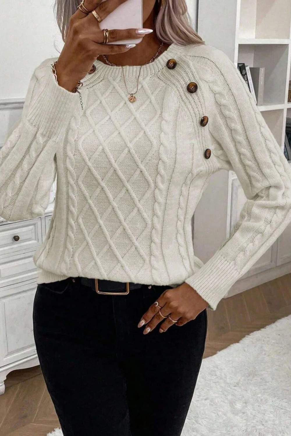 Cora Button-Detail Cable Knit Sweater