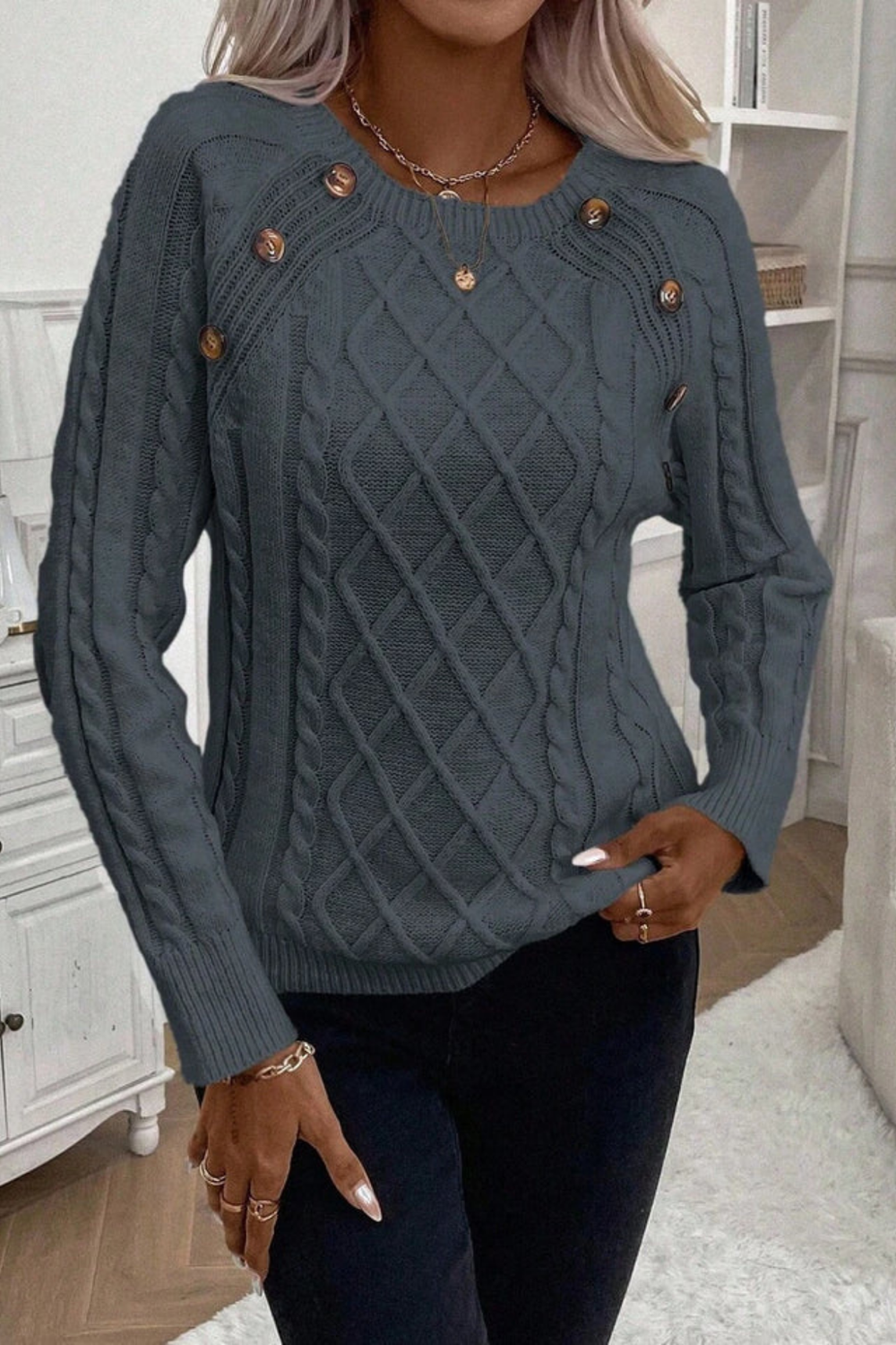Cora Button-Detail Cable Knit Sweater