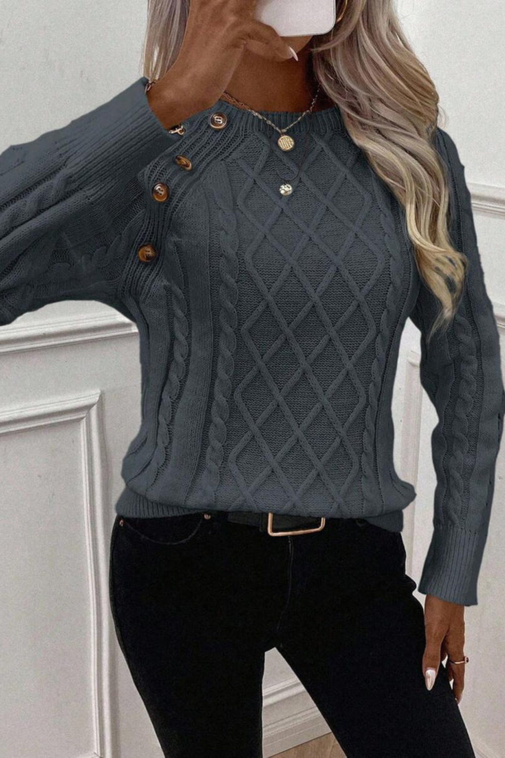 Cora Button-Detail Cable Knit Sweater