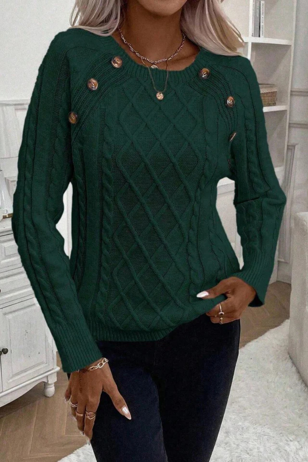 Cora Button-Detail Cable Knit Sweater