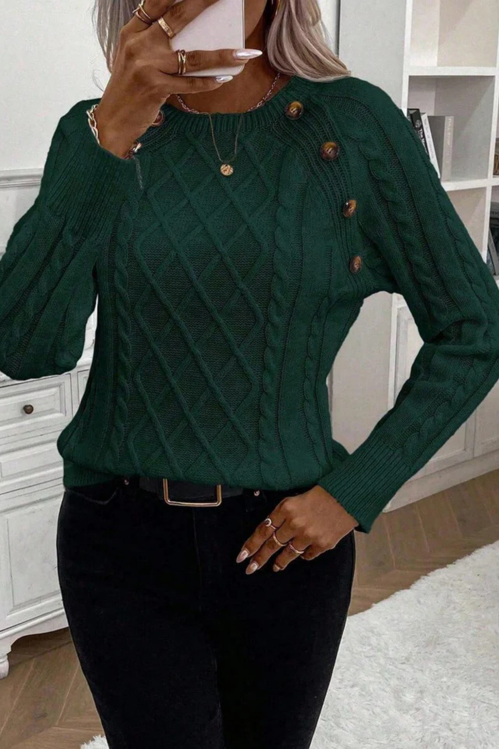 Cora Button-Detail Cable Knit Sweater