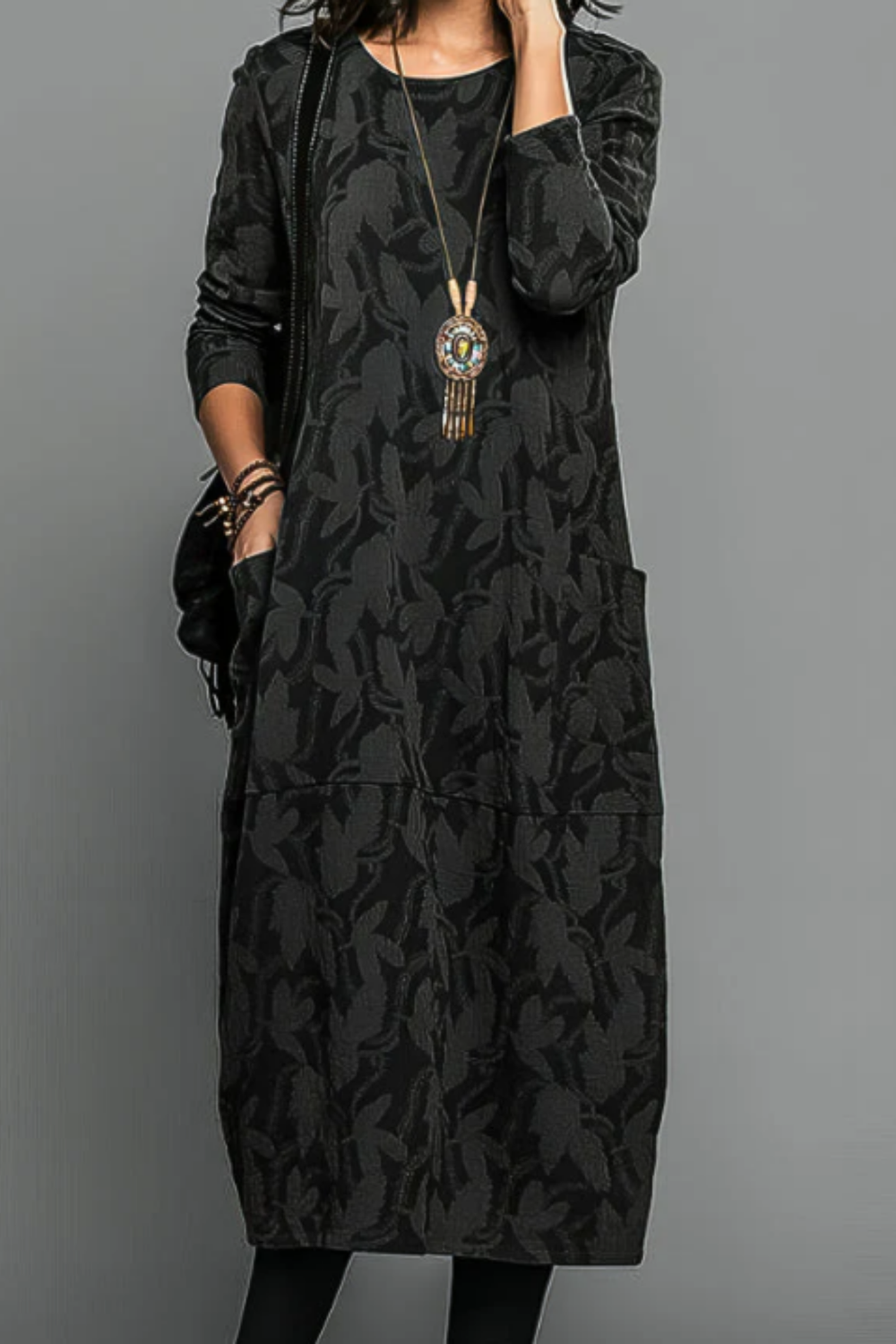 Kayla Black Leaf-Print Boho Maxi Dress
