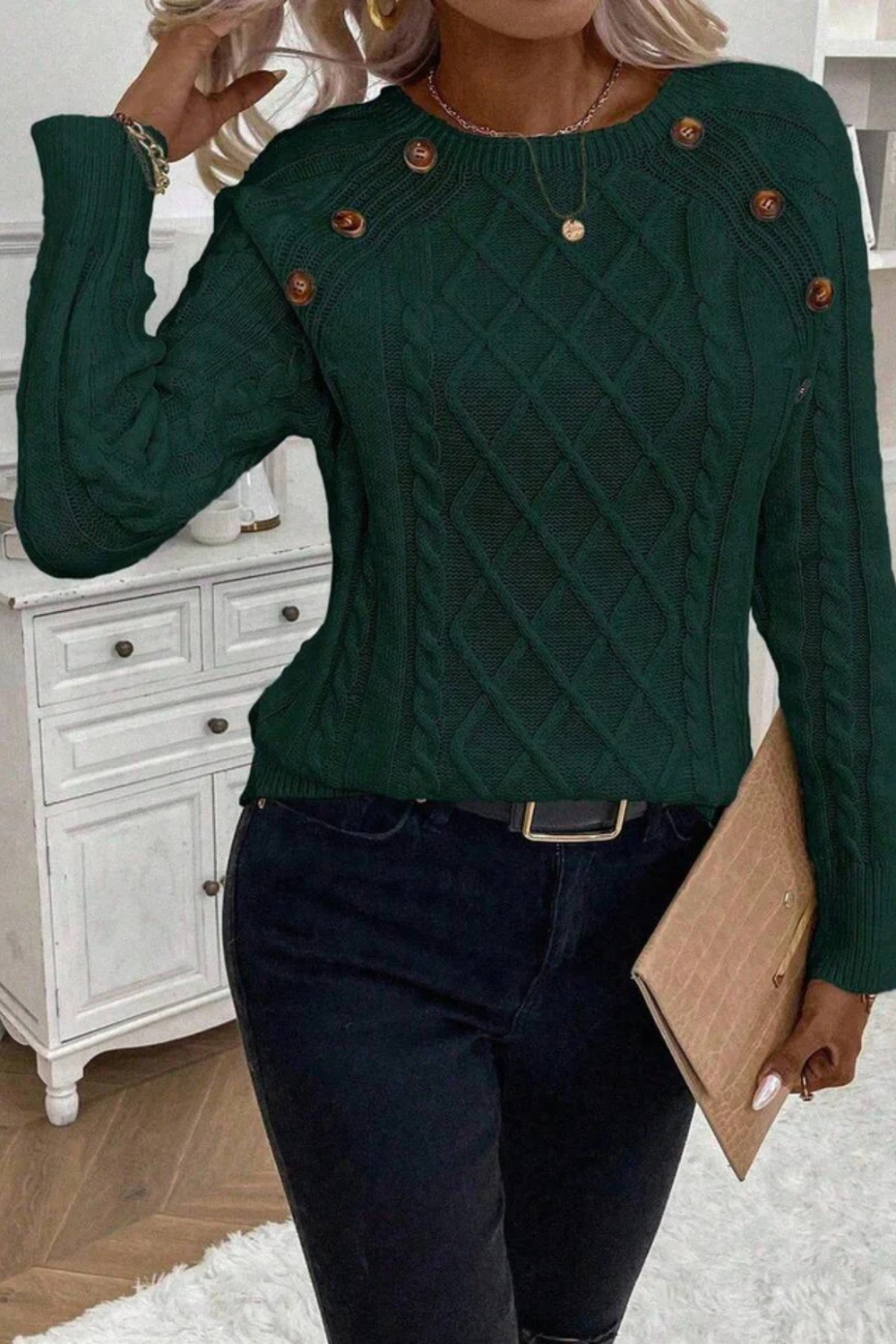 Cora Button-Detail Cable Knit Sweater