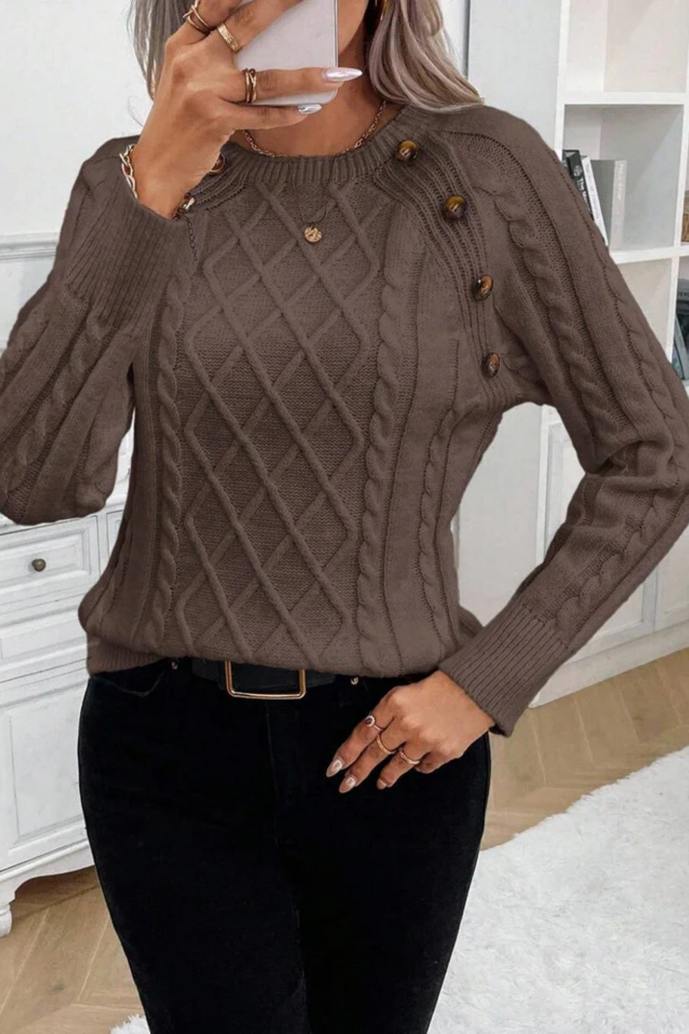 Cora Button-Detail Cable Knit Sweater