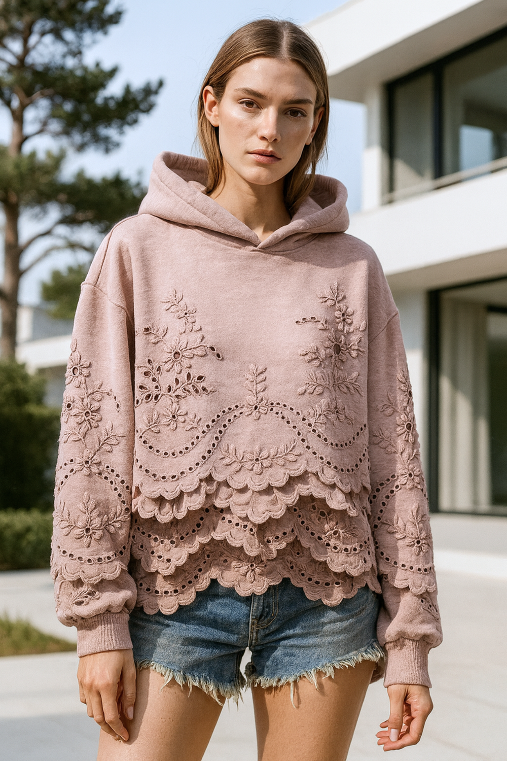 Lucia Lace-Trim Soft Knit Hoodie Jumper for Everyday
