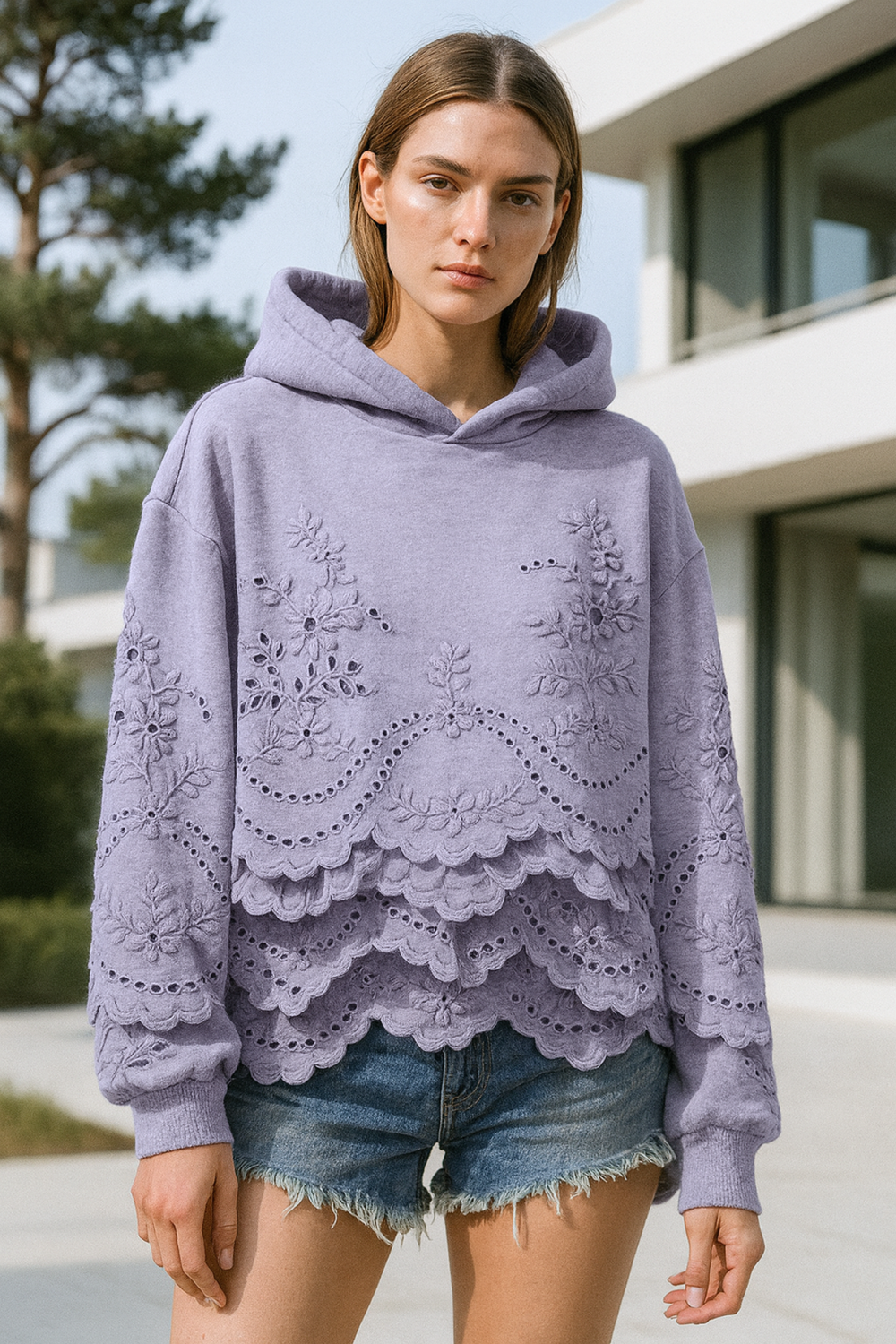 Lucia Lace-Trim Soft Knit Hoodie Jumper for Everyday