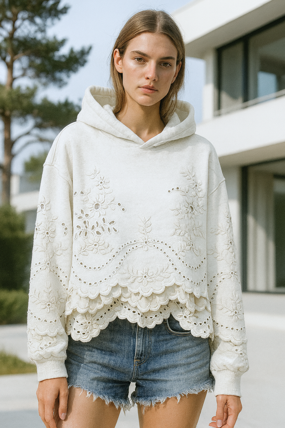 Lucia Lace-Trim Soft Knit Hoodie Jumper for Everyday