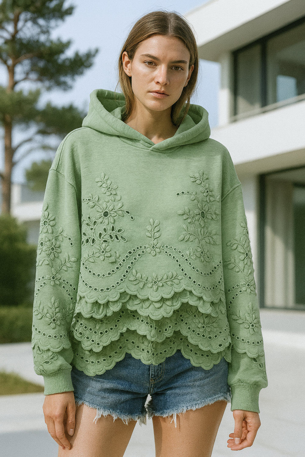 Lucia Lace-Trim Soft Knit Hoodie Jumper for Everyday