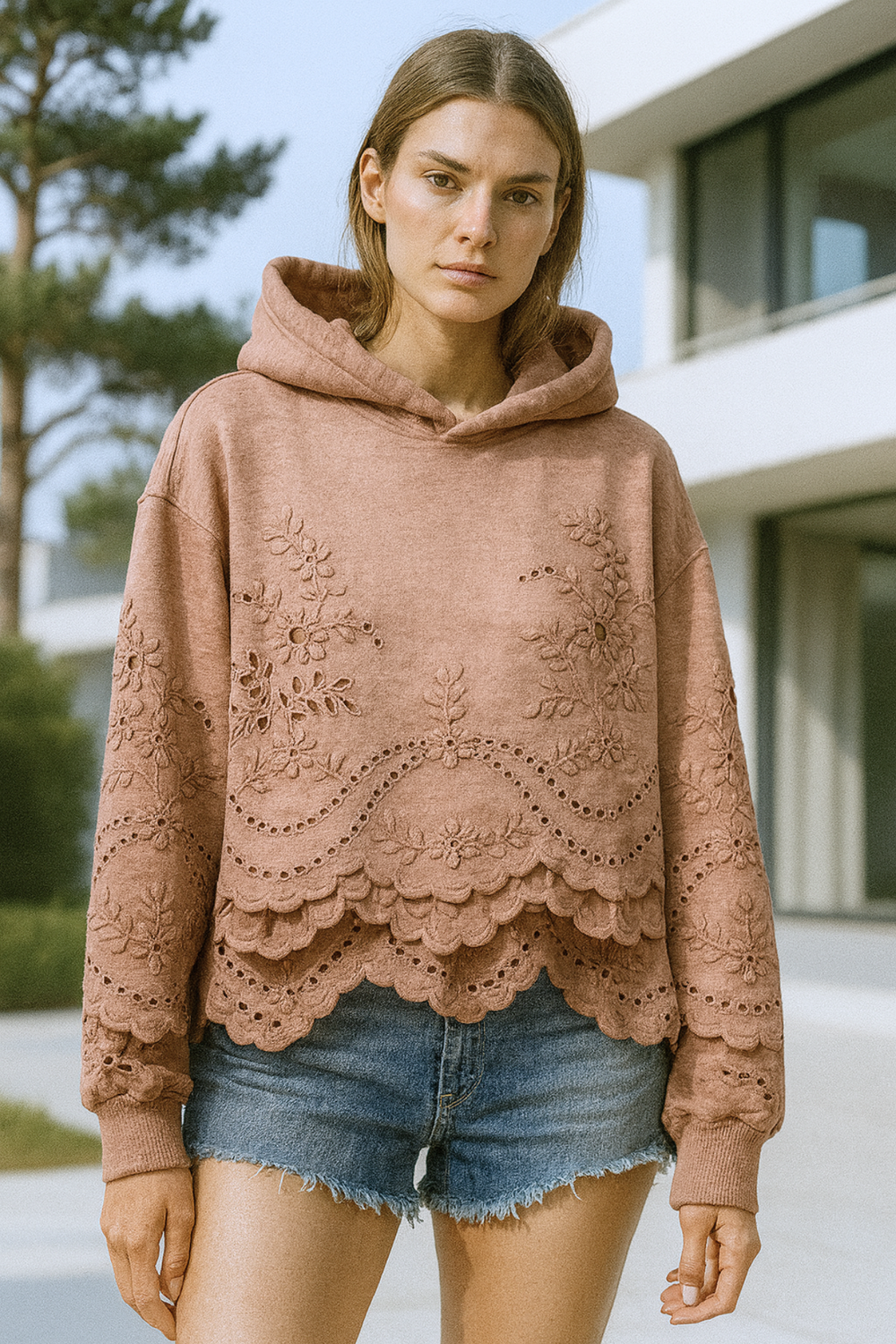 Lucia Lace-Trim Soft Knit Hoodie Jumper for Everyday