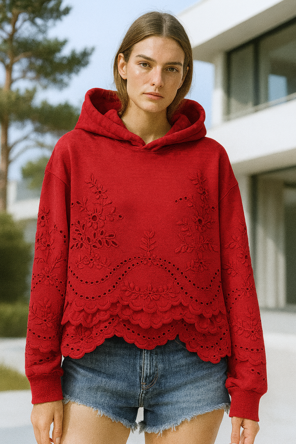 Lucia Lace-Trim Soft Knit Hoodie Jumper for Everyday
