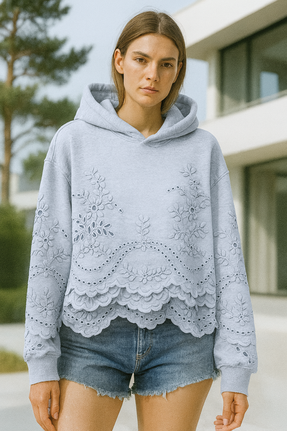 Lucia Lace-Trim Soft Knit Hoodie Jumper for Everyday