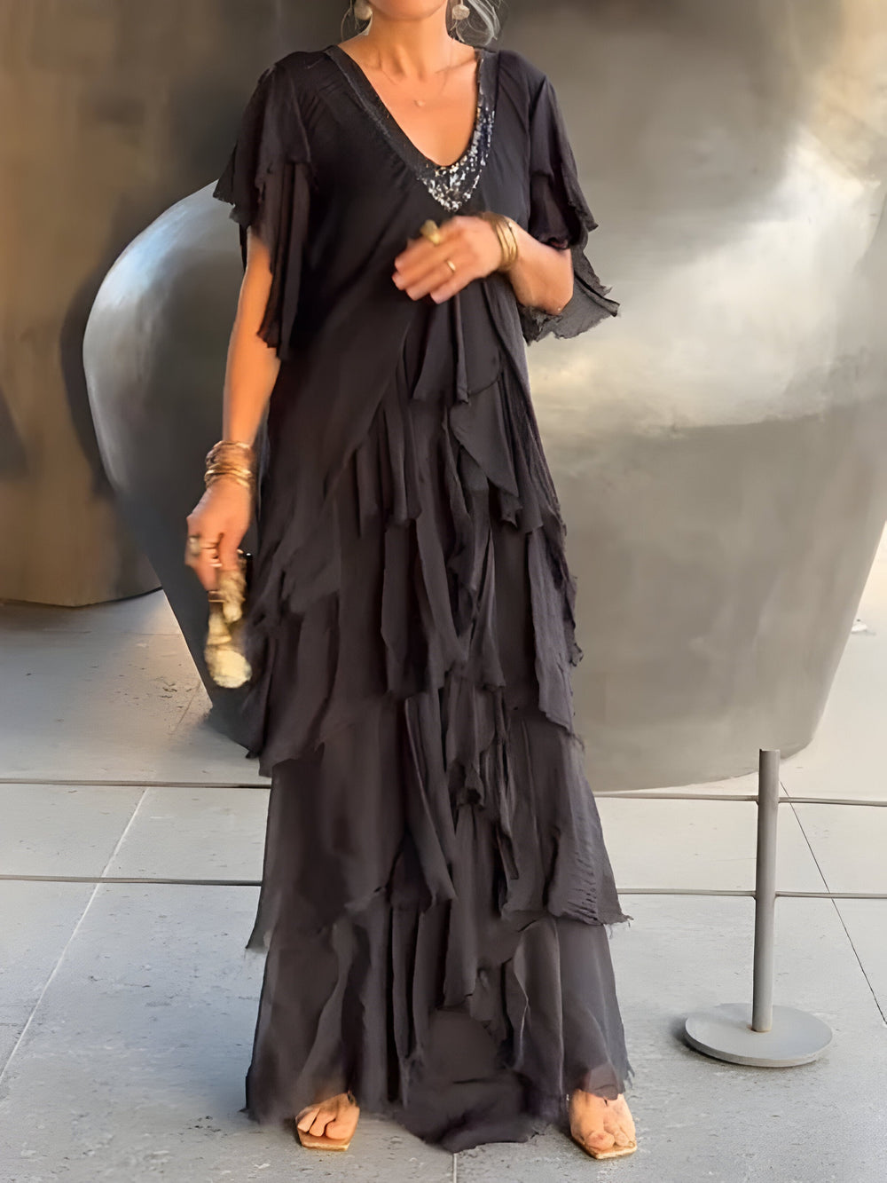 Pleated V-Neck Maxi