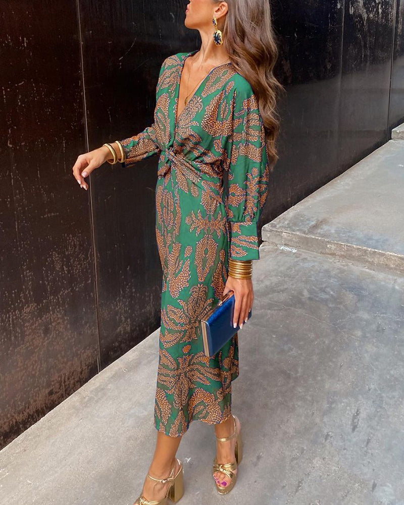 Janella Vintage Draped Midi Dress with Long Sleeves