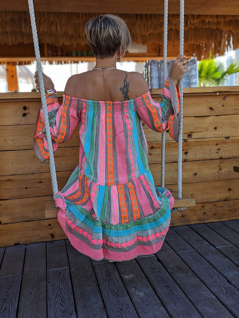 Off-Shoulder Ethnic Print Linen-Blend Mini Dress